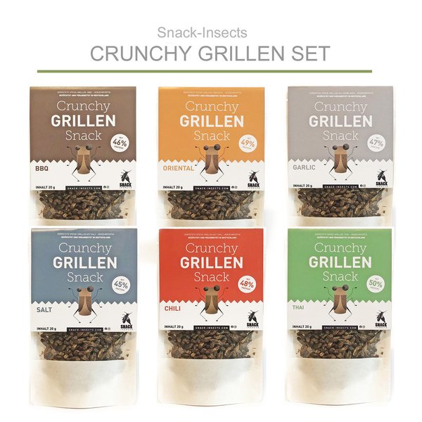 6x Crunchy Grillen Snack - alle Sorten Mix - Insektensnack ►